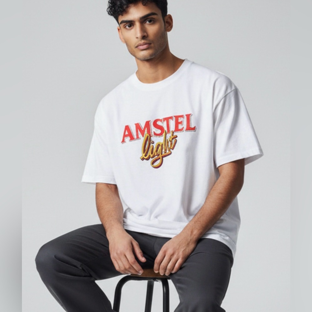Vintage Amstel Light T-Shirt Shirt White Short Sleeve Beer 90s USA Made Size L
